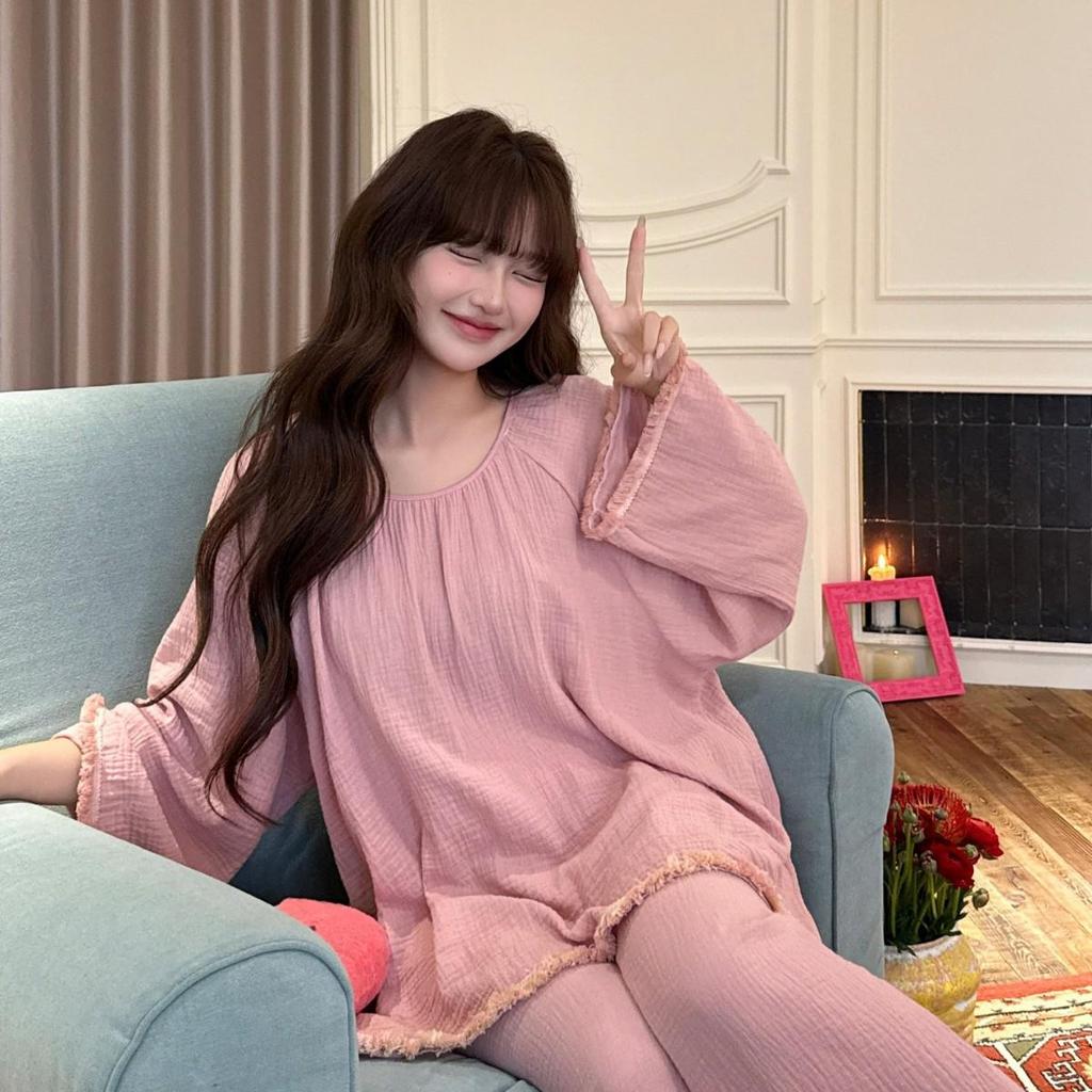 Women's Cotton Pajama Set - Solid Color, Long Sleeve, Long Pants, Casual Relaxed Fit for Spring/Summer.