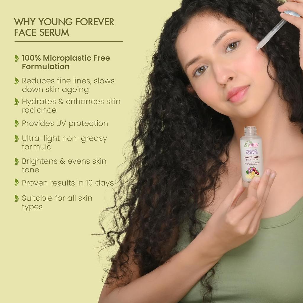 La Pink Young Forever Face Serum | 100% Microplastic Free Formula | Reduces Fine Lines, Pigmentation, Dark Spots & Scars | White Haldi | 30ml