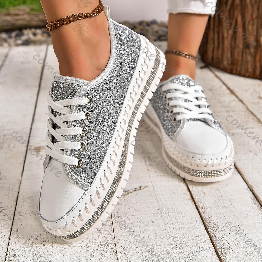 Comemore Women's Casual Shoes Flat Bottom Rhinestone Lace-up Sneakers for Women Spring Autumn Pltatform Sports Board Shoe Female