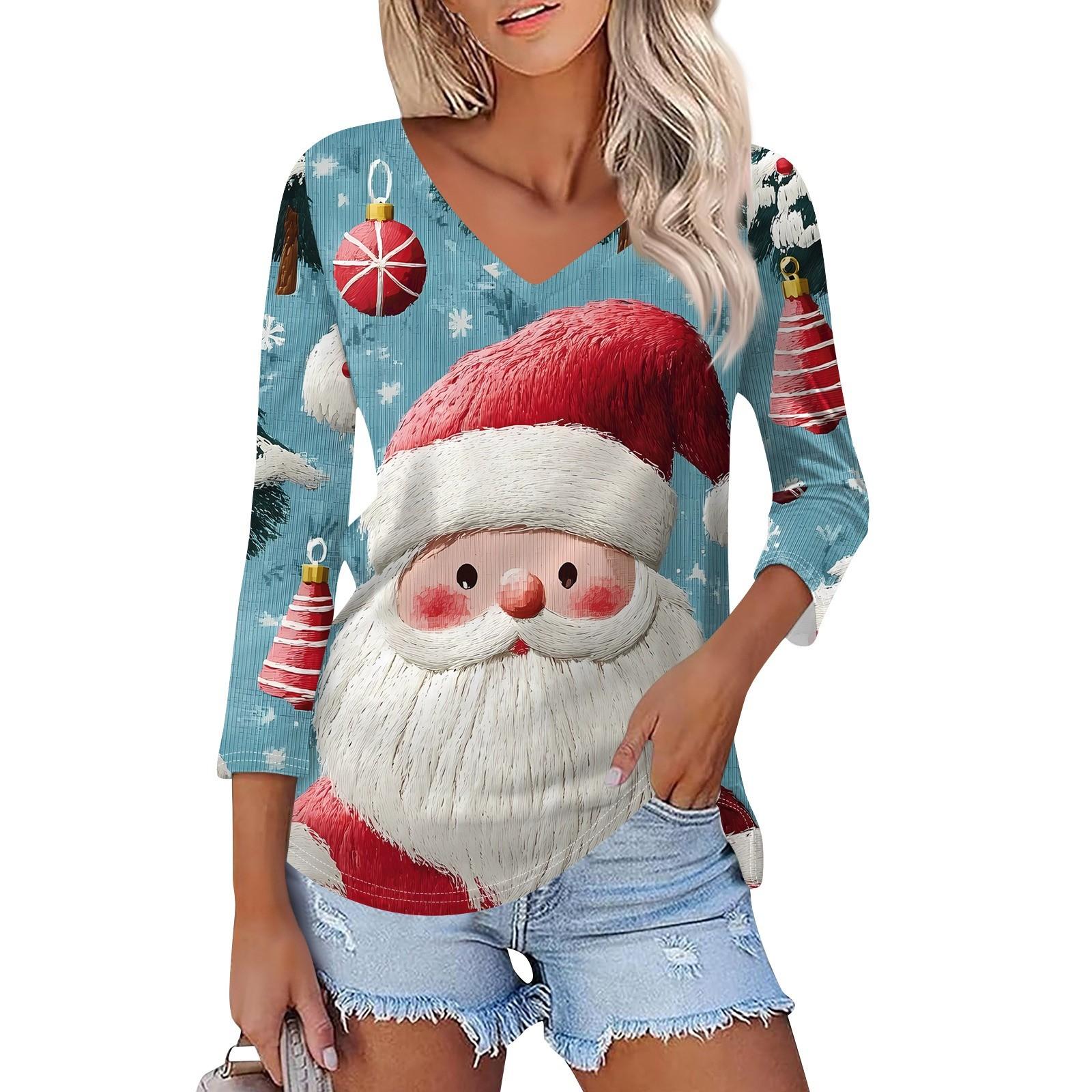 

Рубашка для женщин, модная, повседневная, с V-образным вырезом, рукавом 3/4, свободная, с рождественским принтом, женская футболка, топ M