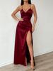 Women's Blue Strapless Deep V Neck Side Slit Maxi Dress Solid Color Elegant Evening Gown