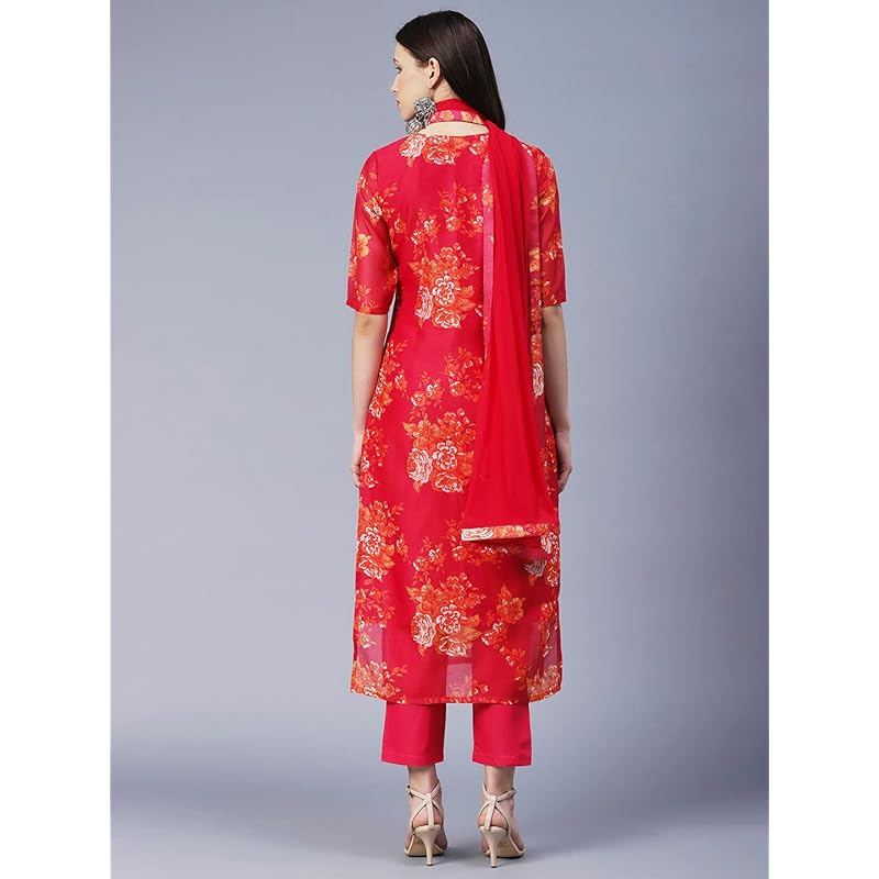 GoSriKi Women's Chanderi Cotton Printed Straight Kurta with Pant & Dupatta (AUX-Orange-GS_L_Pink_Large)