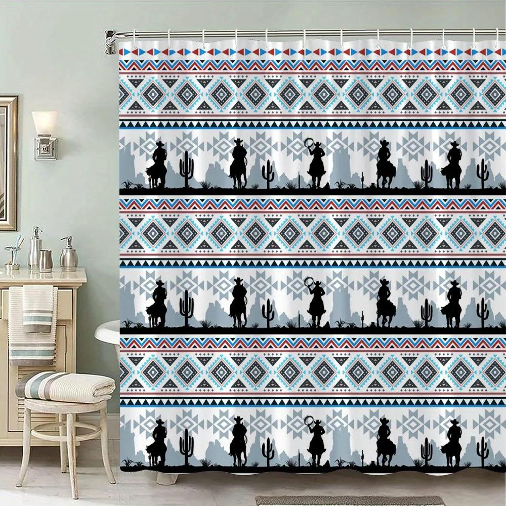 Southwestern Cowboy & Cacti Shower Curtain - Colorful Desert Motif, Geometric Patterns,Machine Washable, Vibrant Bath Accessory W90xH180cm