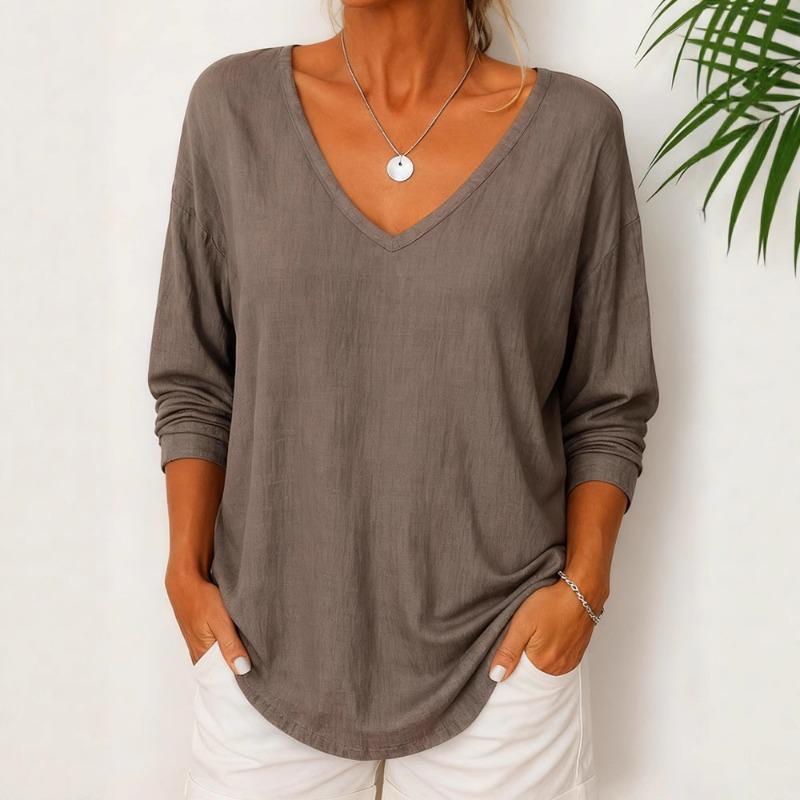 Autumn New Women's Casual Loose Fashionable Solid Color Long-sleeved V-neck Pullover Top