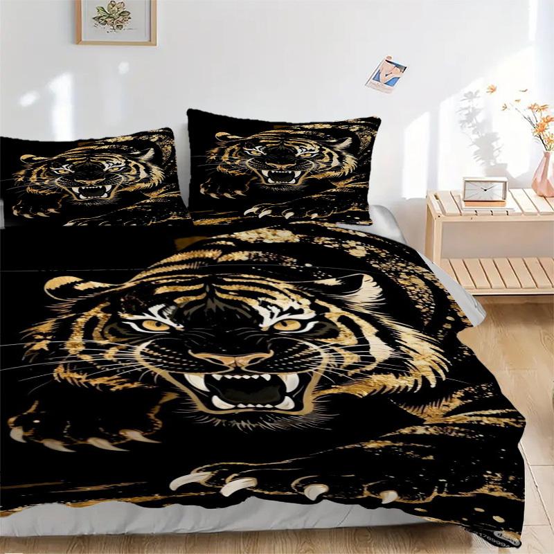 

3PCs Tiger Print Design Cover Set, Breathable Fabric, Machine Washable (1 Duvet Cover + 2 Pillowcases) (Without Quilt) yy250911136 135x200cm