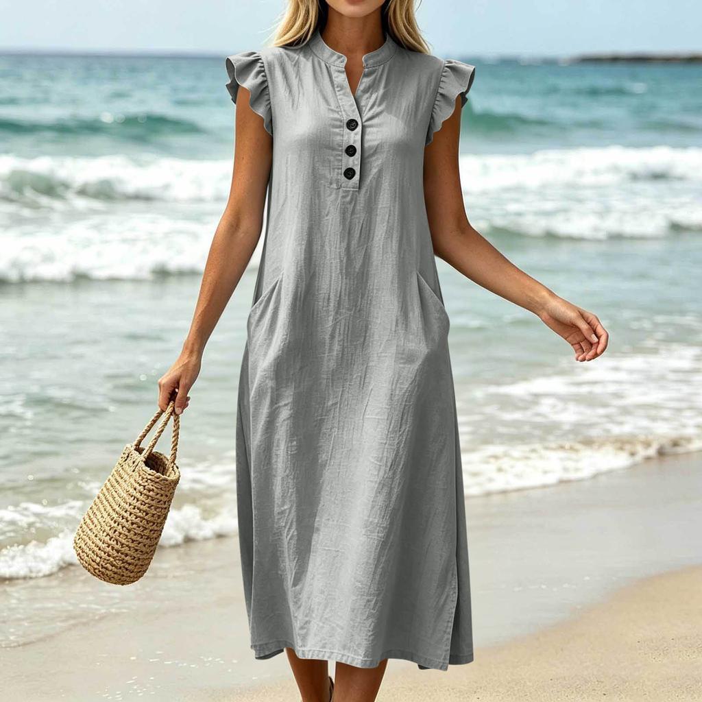 Women V Neck Dress Casual Midi Dress with Flutter Sleeves and Front Button Detail Pocket Dress Summer Loose Fit Dress