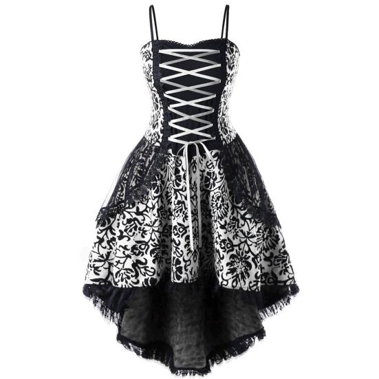 

Plus Size Vintage Women Lace Layered Dip Hem Sleeveless Bandage Corset Dress 5XL