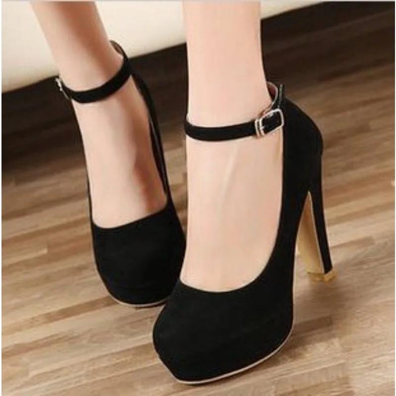 Large Size 42 Sexy Super High Heels Shoes for Women Ankle Buckle Chunky Platform Pumps Woman Black Flock Square Heel Party Shoes