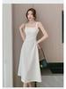 Women's French-Style White Suspender Dress - Summer Cool, Square Neck, Slim Waist, A-Line Long Skirt