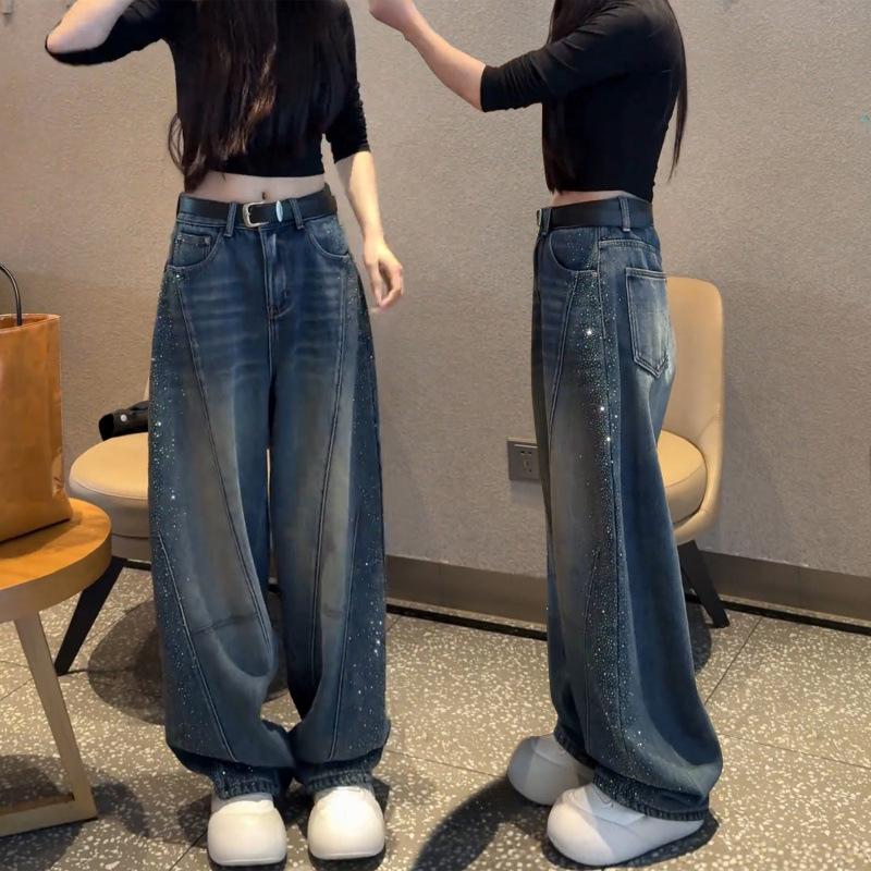 

2026 Retro Blue Wide-Leg Jeans with Star Detailing for Women - Plus Size Available 3X Large