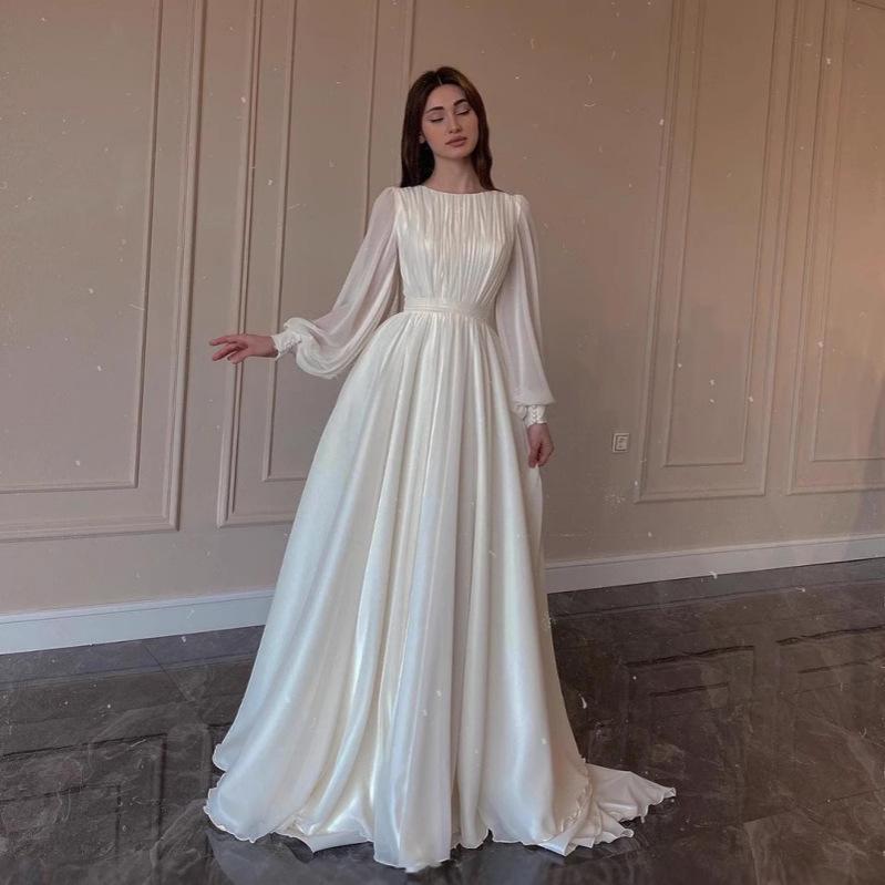 Women White Long Sleeve Pleated Waist Flowy Floor Length Maxi Dress