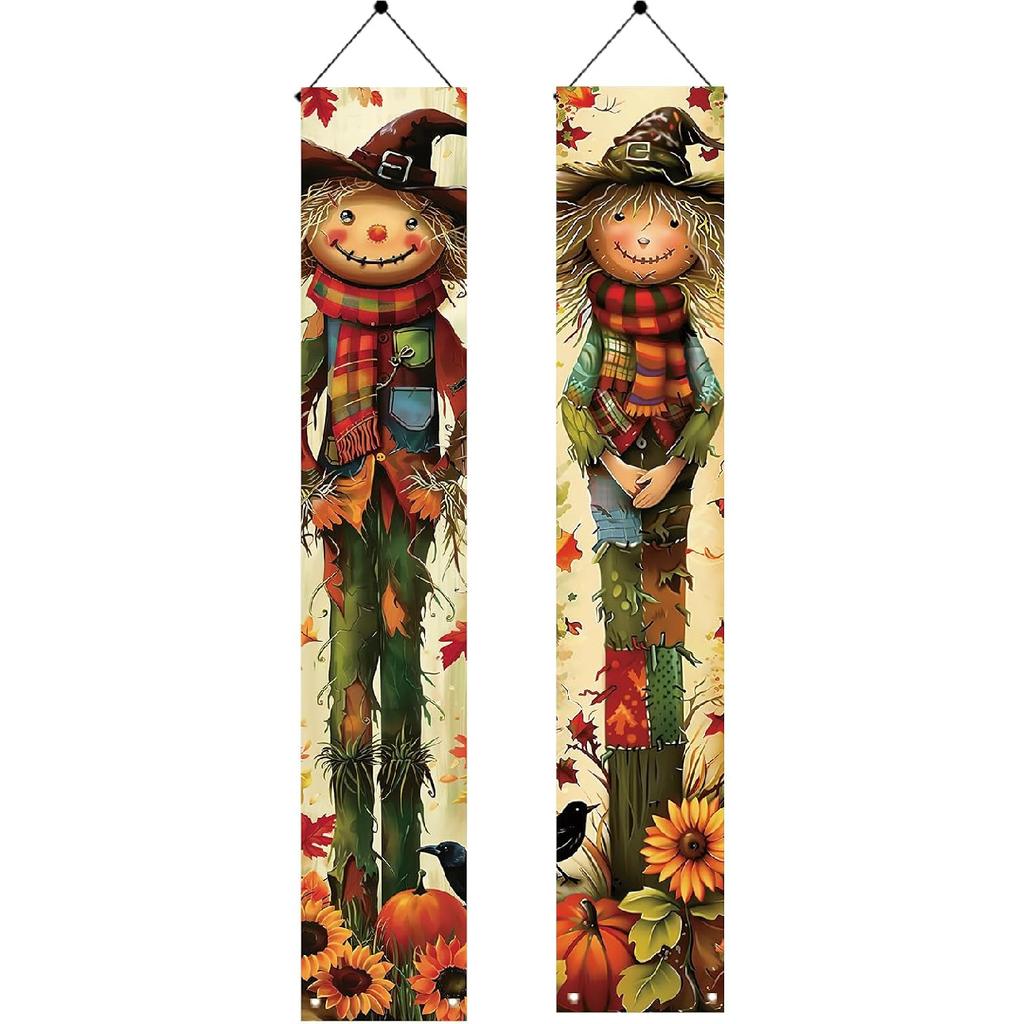 2PCS Fall Porch Sign Scarecrow Porch Banner Autumn Harvest Door Decoration Thanksgiving Front Door Decor Rustic Farmhouse Vertical Outdoor Hanging