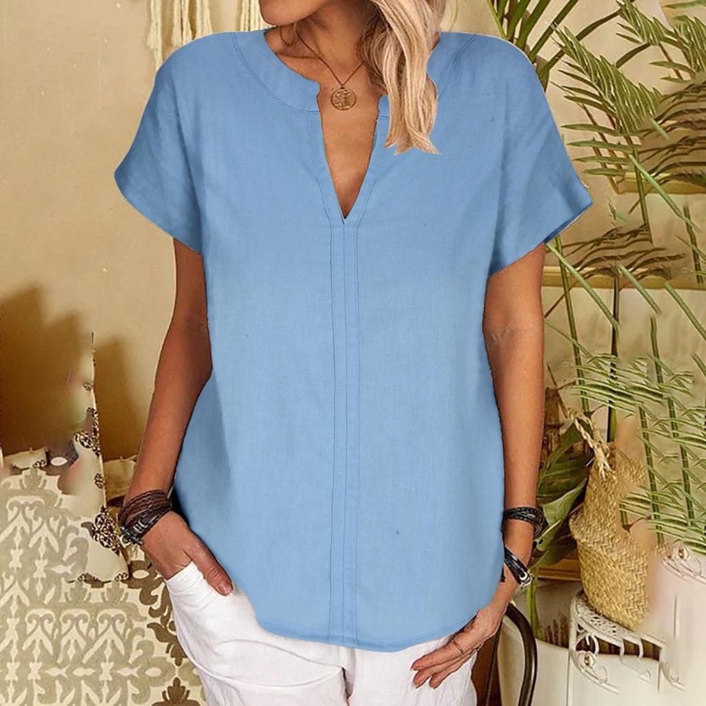 Women's Fashion Solid Color V-neck Daily Versatile Short Sleeved Shirt Top