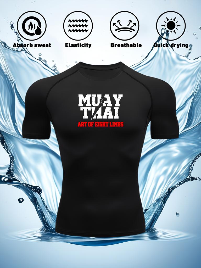 Men's Navy Blue Compression T-Shirt with "MUAY THAI Art of Eight Limbs" Print, Elastic Quick Drying Breathable Muay Thai & MMA Training Top