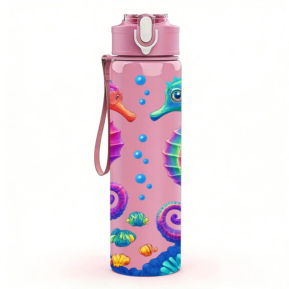 1PC Colorful Seahorse Ocean Pattern Print 750ml Color Plastic Sports Water Bottle Leakproof Flip Straw Lid Suitable for Sports Office Home Use