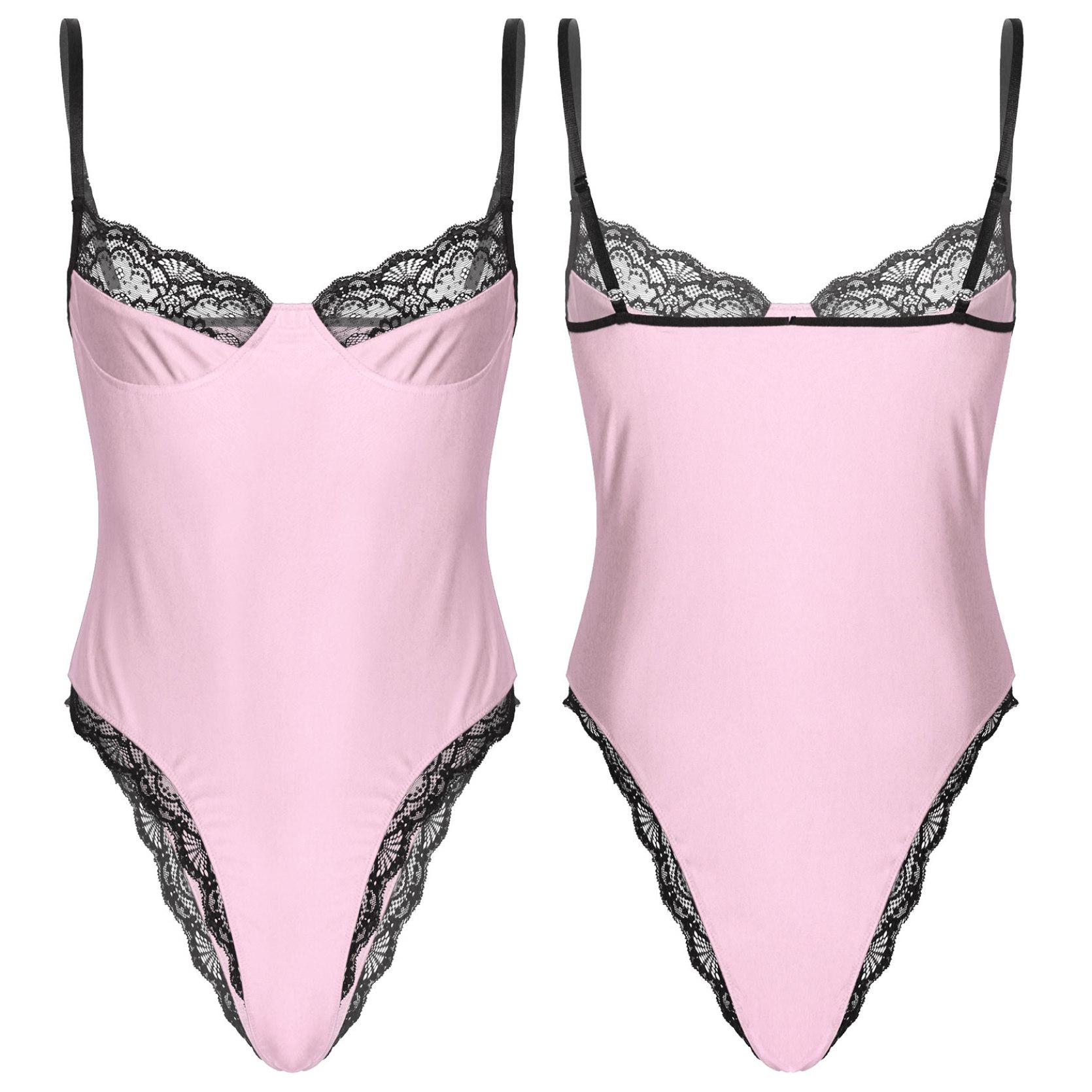 

Мужское кружевное лоскутное боди для трансвеститов Sissy, сексуальный комбинезон, тонкие топы, узкая ночная рубашка M розовый