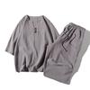 Chinese Style Men's Tang Suit Linen Short-sleeved Three-quarter Sleeve Suit Cotton and Linen Loose T-shirt Casual Two-piece Set