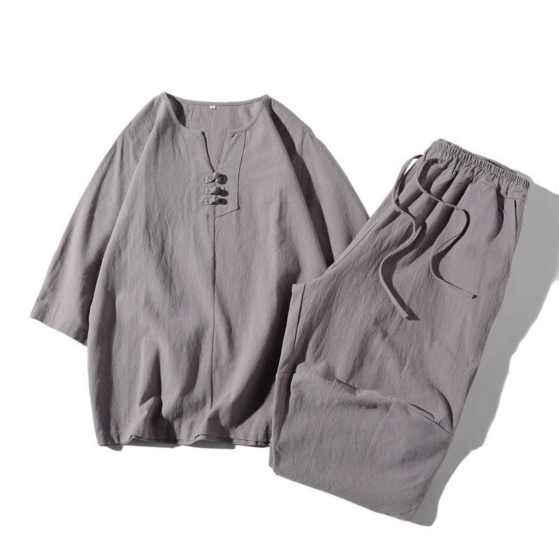 Chinese Style Men's Tang Suit Linen Short-sleeved Three-quarter Sleeve Suit Cotton and Linen Loose T-shirt Casual Two-piece Set