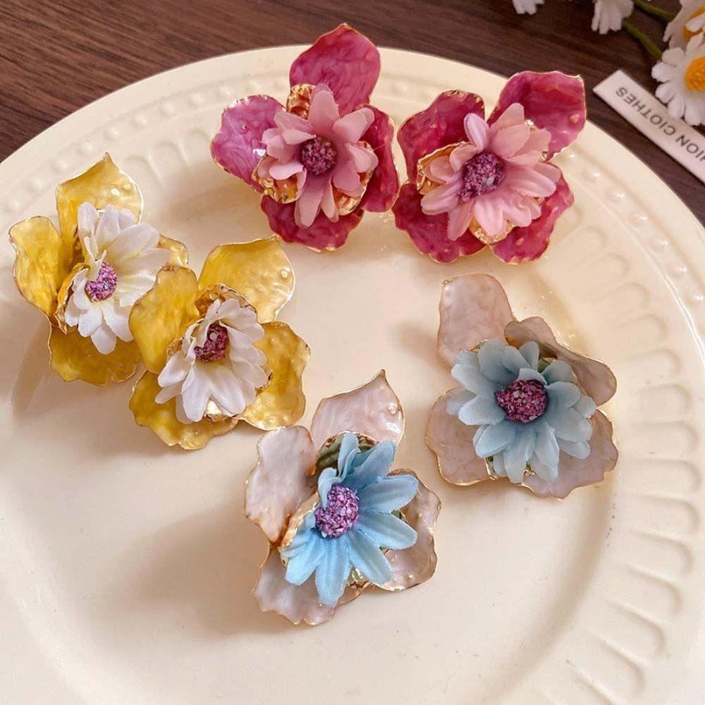 Iron Cloth Colorful Flower Earrings Oil Drip Floral Ear Studs Exaggerated Ear Pendant Summer