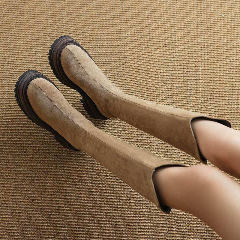 Krazing Pot Flock Autumn Winter Shoes Thick Med Heels Flat Platform Size 43 Modern Boots Stretch Knee Boots