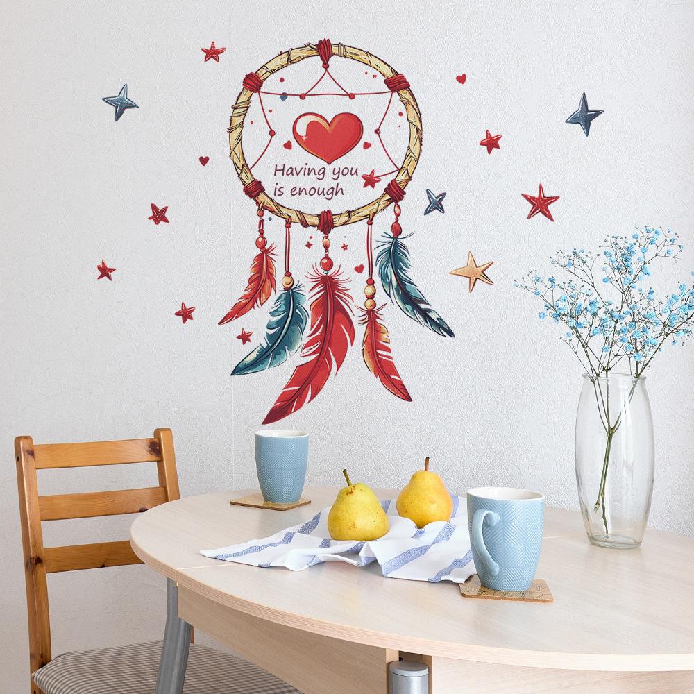 Bohemian Dreamcatcher with Colorful Feathers and Stars Wall Stickers, Whimsical Wall Art for Bedroom, Living Room and Hallway Home Decor