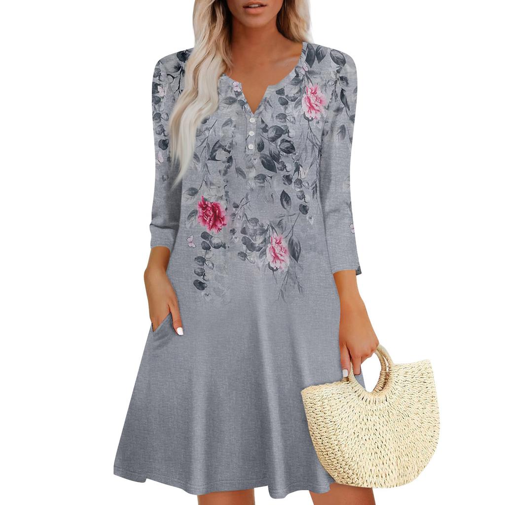 Women's Summer Dress Loose V Neck Three-quarter Sleeve Sundress With Pockets Dress
