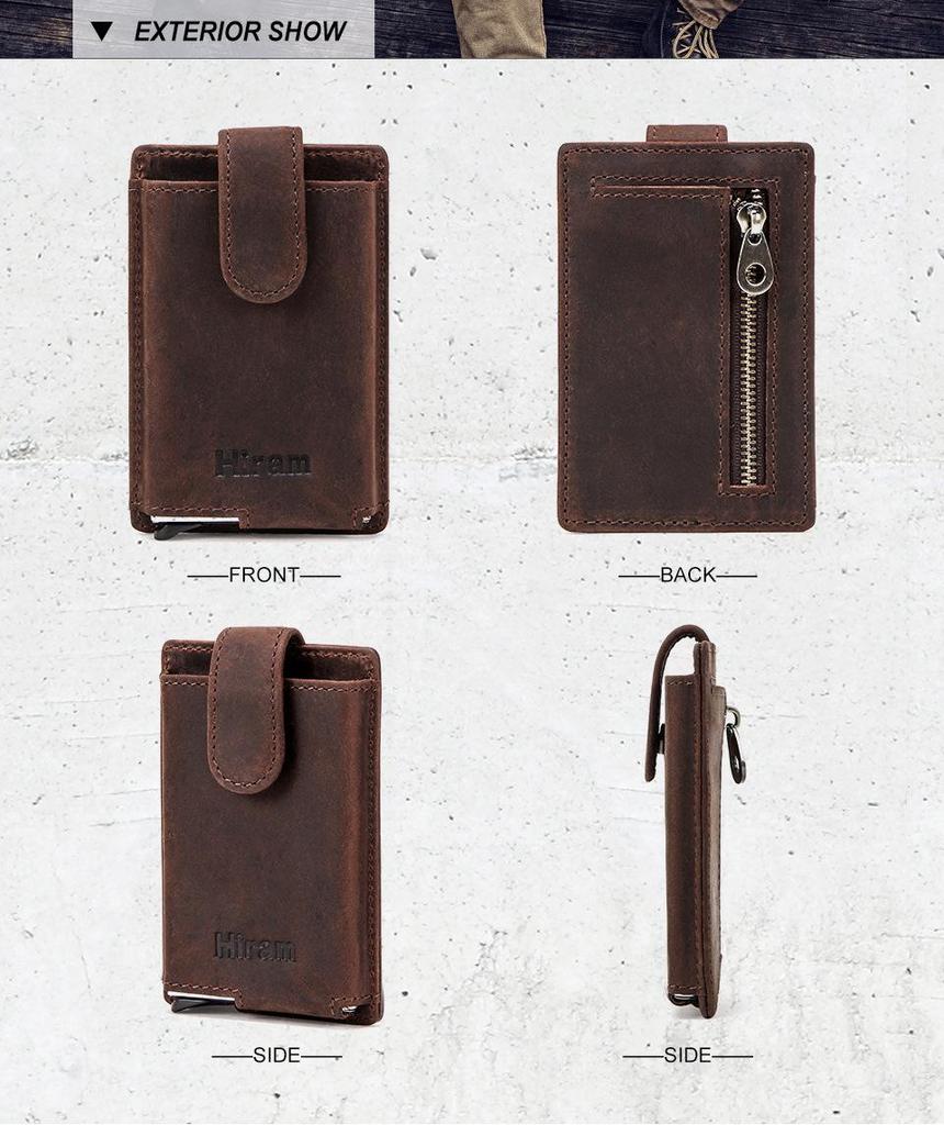 Black Angel FRID Vintage Crazy Horse Leather Automatic Card Holder with Buckle - Genuine Leather Wallet.