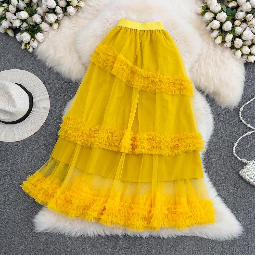 

Летняя юбка-пачка с высокой талией, облегающая, многослойная, с оборками, средней длины, до колена, на резинке, сетчатая юбка, женская One Size жёлтый