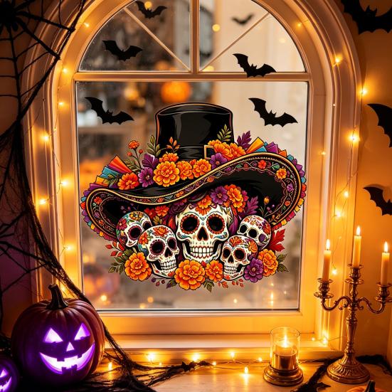 Customizable Cuttable Window Art Day of The Dead Clings, Halloween Top Hat Skull Static Sticker, Indoor Outdoor Glass Murals Colorful