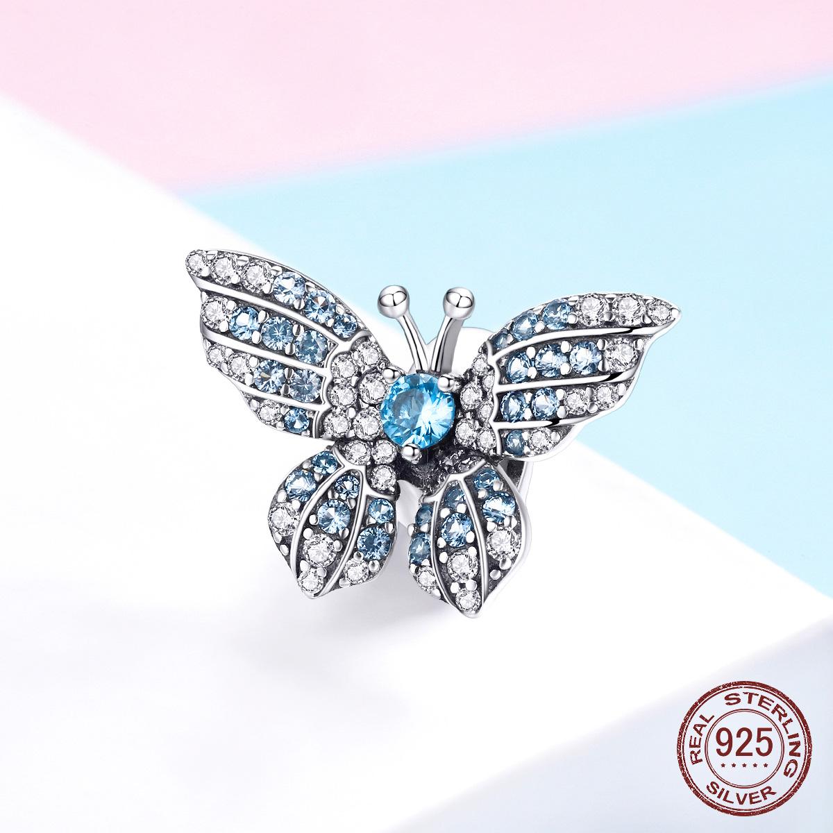 

925 стерлингового серебра Кристалл Синий Циркон Шарик Бабочка Подходит Шарм Браслеты Женщины Ожерелья Серебряные украшения
