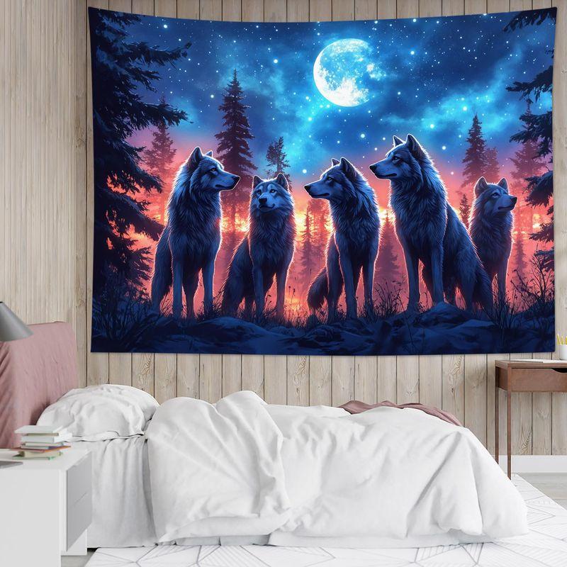 Wolf Pack Tapestry Wall Hanging Full Moon Starry Forest Sunset Nature Aesthetic Wall Art Bedroom Living Room Decor