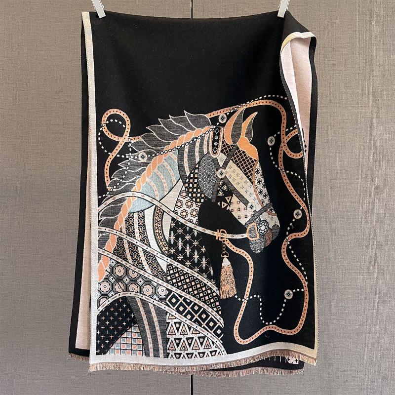 Autumn and Winter New Imitation Cashmere Scarf Thickened and Lengthened Horse Printing Scarf Antique Versatile Shawl with Dual-purpose Outside