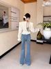 2026 High-Waisted Drawstring Bell Bottom Stretch Denim Jeans for Pregnant Women with Rhinestone Embellishments.