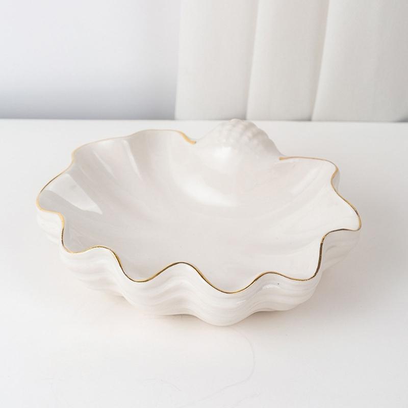White Ceramic Shell Shaped Jewelry Tray Holder with Irregular Designs Perfect for Storing Necklaces Bracelets Earrings Rings
