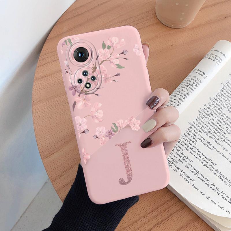 Initial Letter Silicone Case For Huawei Nova 9 Honor 50 Shell Retro Pink Flower Soft TPU Back Cover For Honor 50 Nova9 Capa