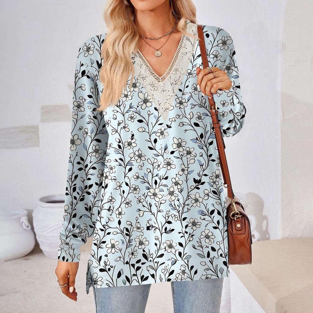 Womens Tops Loose V-neck Contrast Color Split Loose Long Sleeve T-shirt Women's Tops
