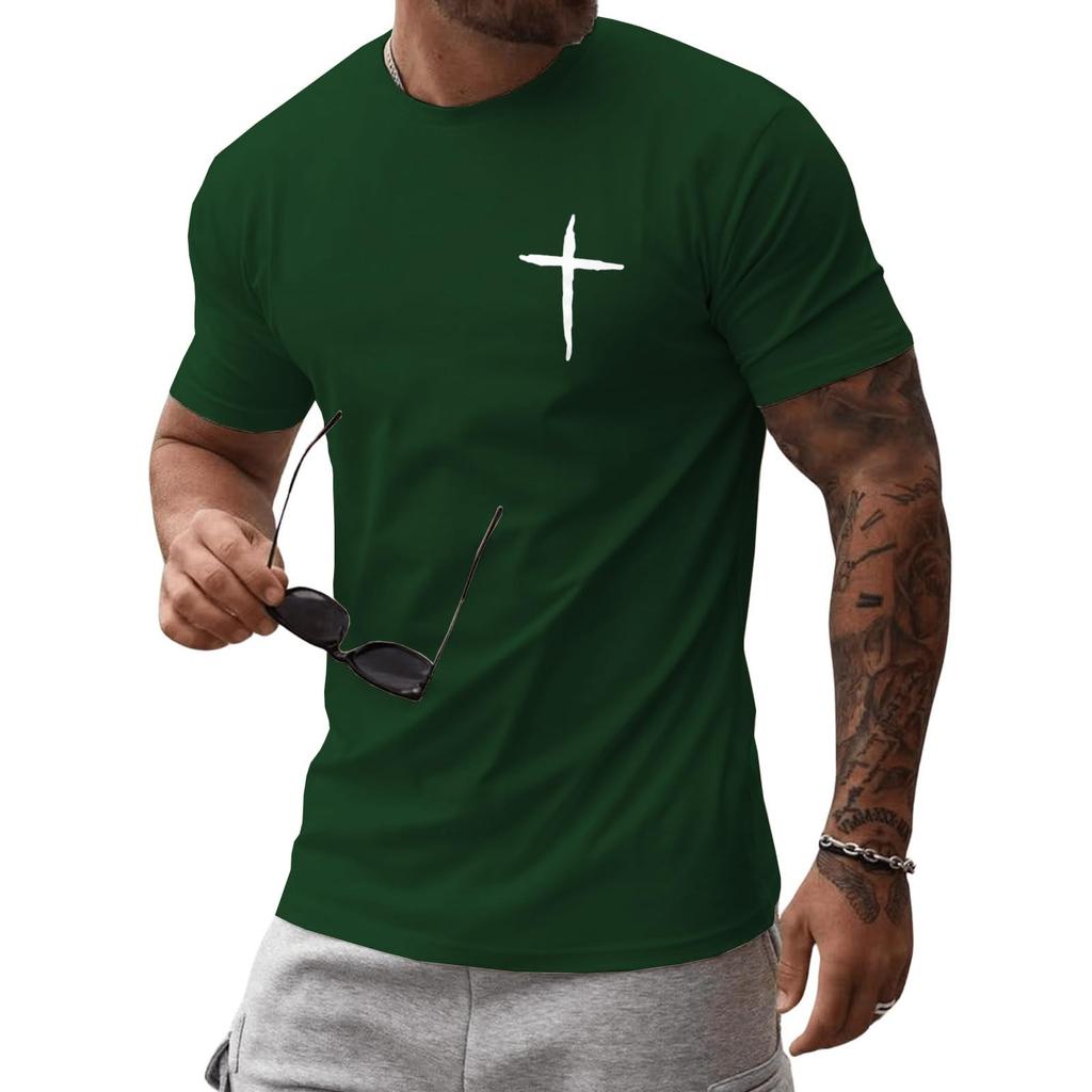 Men's Minimalist Hand-Drawn Cross Print T-Shirt, Understated Casual Streetwear Short Sleeve Top