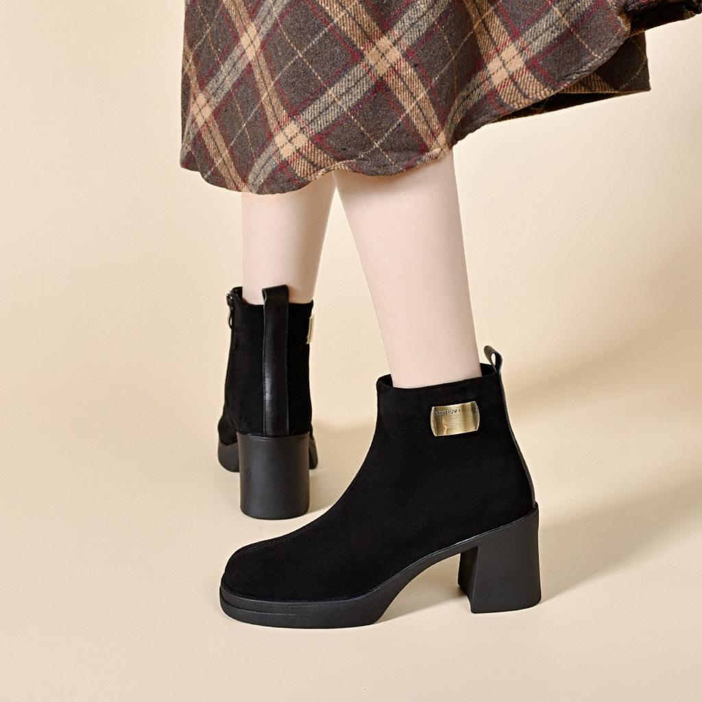 Thick-soled Thin Boots Women's Autumn and Winter Square Head Fashion Short Boots Waterproof Platform Thick Heel Straight Boots Fashion Boots