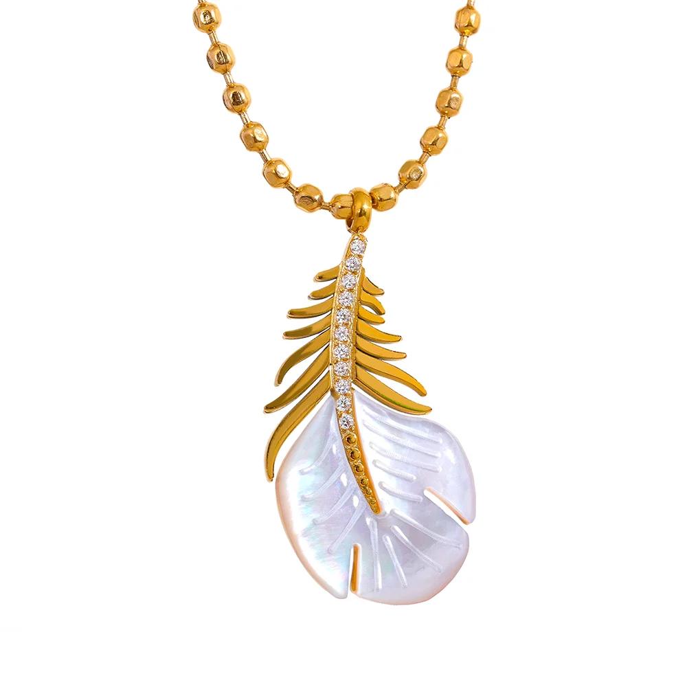 

Yhpup Luxury Natural Shell Feather Pendant Stainless Steel Golden Collar Necklace Fashion Jewelry Gift 18K PVD Plated Bijoux