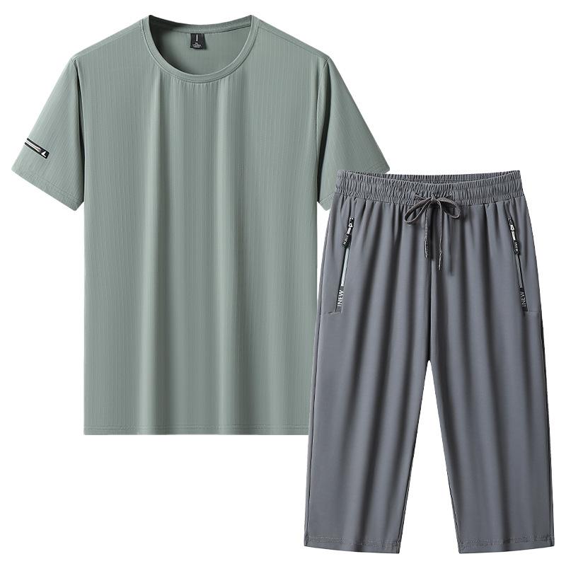 Large Size Sports Suit Men's Short Sleeved Two-piece Set Men's Running and Fitness Clothes Summer Loose Thin Ice Silk Sportswear