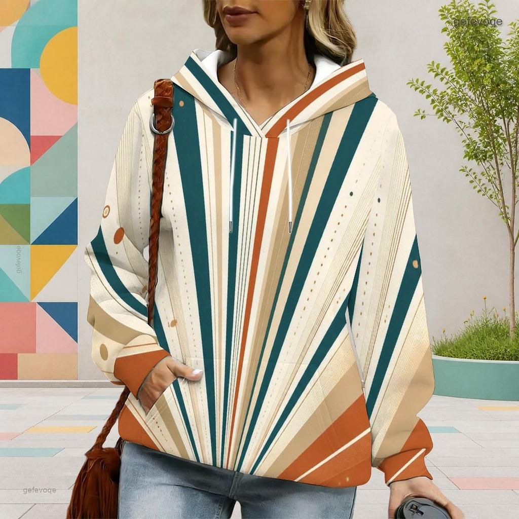 Women Plus Size Long Sleeve Geometric Printed Blue White Hoodie Pullover With Kangaroo Pocket