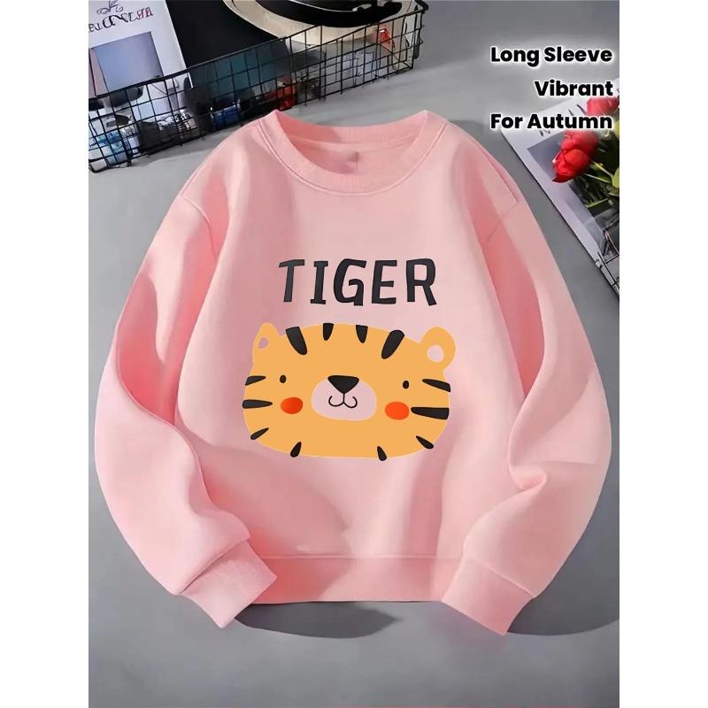 Kids Sweatshirt Hoodie for Girls with a Round Neck Featuring a Tiger Face Design with Stripes, Machine Washable, Suitable for Spring And Autumn
