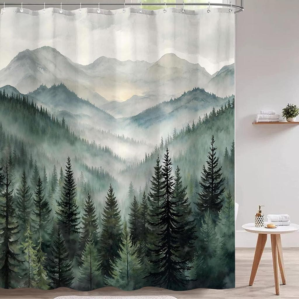 Forest Mountain Shower Curtain Green Trees Mist Landscape Nature Art Bath Decor Waterproof Fabric Minimalist Design Home