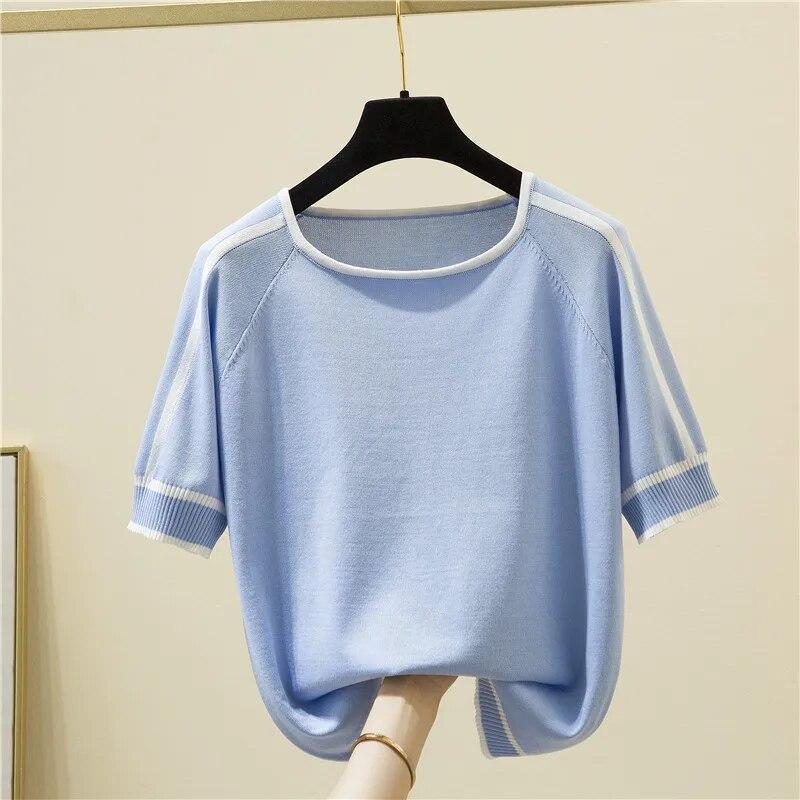 Casual Thin Knitted T-Shirt  Summer Short Sleeve Tops Elegant Woman Clothes Striped Fashion Tee Shirt