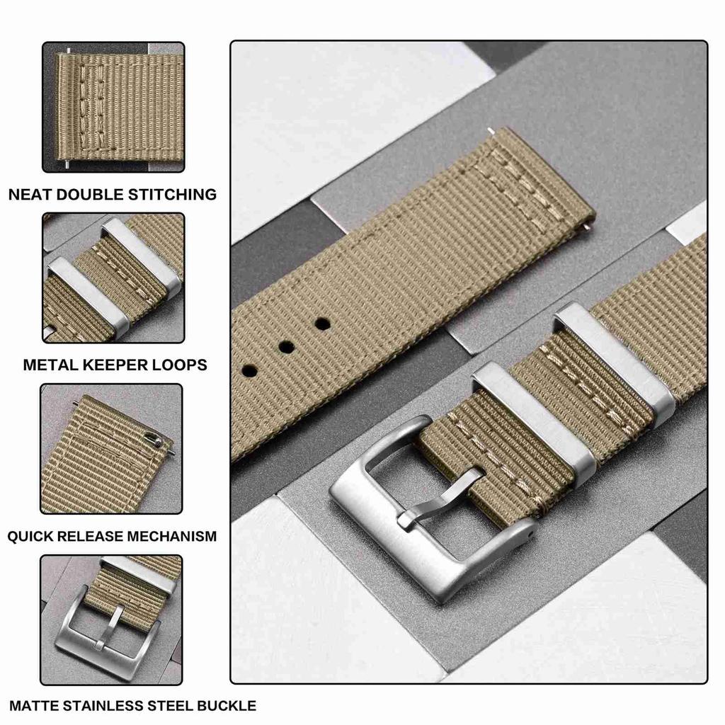 Anbeer 19mm Nylon Watch Band with Quick Release Replacement Khaki with Metal Loop and Silver Buckle Two-Piece Strap,