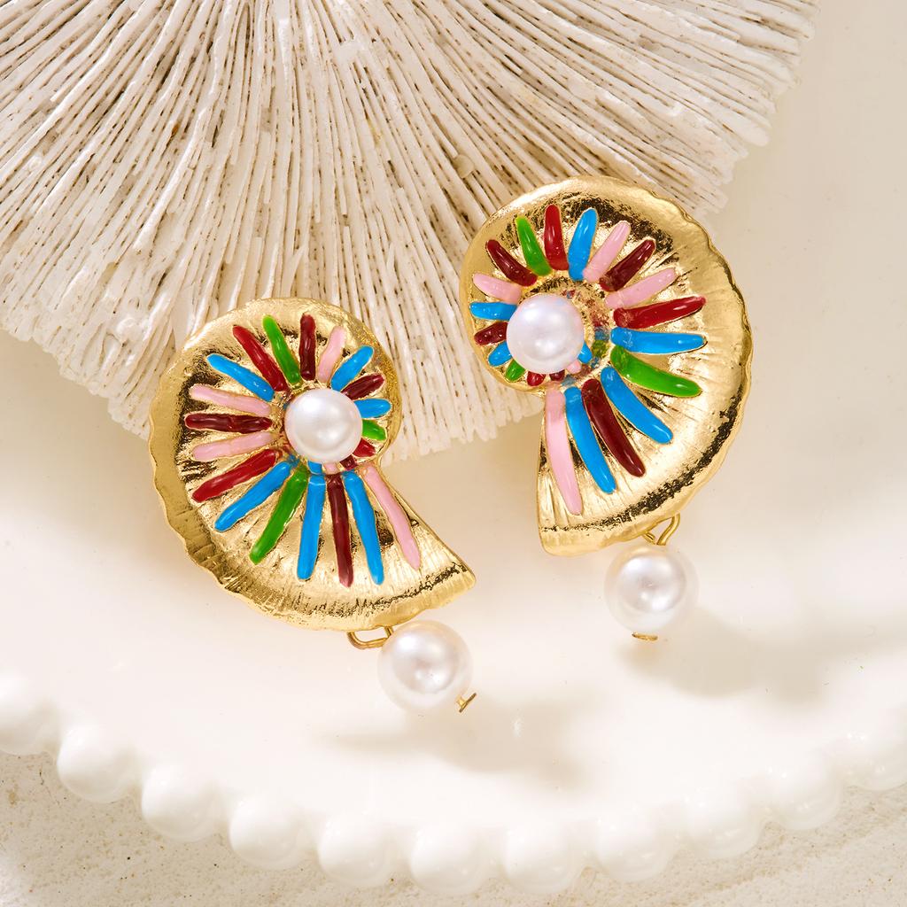 Colorful Enamel Shell Conch Starfish Imitation Pearl Earrings Ocean Style Vacation Accessory Women's Fashion Trend