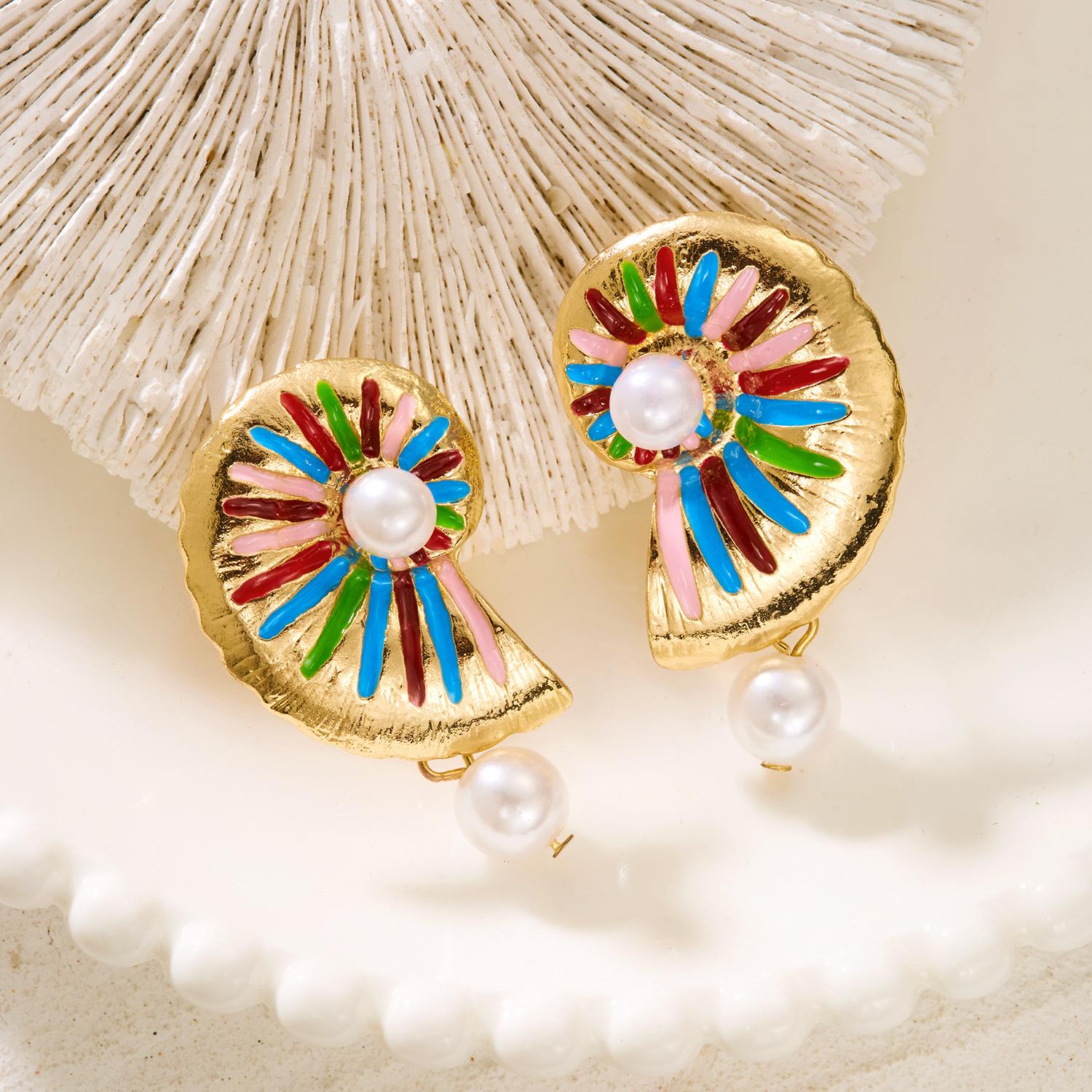 Colorful Enamel Shell Conch Starfish Imitation Pearl Earrings Ocean Style Vacation Accessory Women s Fashion Trend