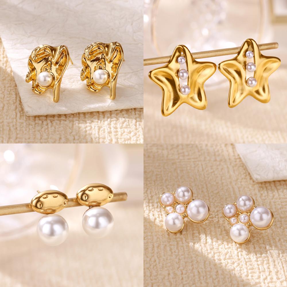 Stainless Steel Artificial Pearl Star Earrings Gold Color Anti Fading Earring for Women Wedding Jewelry Party Accessories Gifts