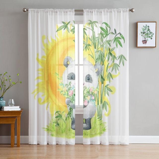 Cute Panda Bamboo Sheer Curtains For Living Room Child Bedroom Decor Tulle Curtains Kitchen Window Transparent Chiffon Curtain
