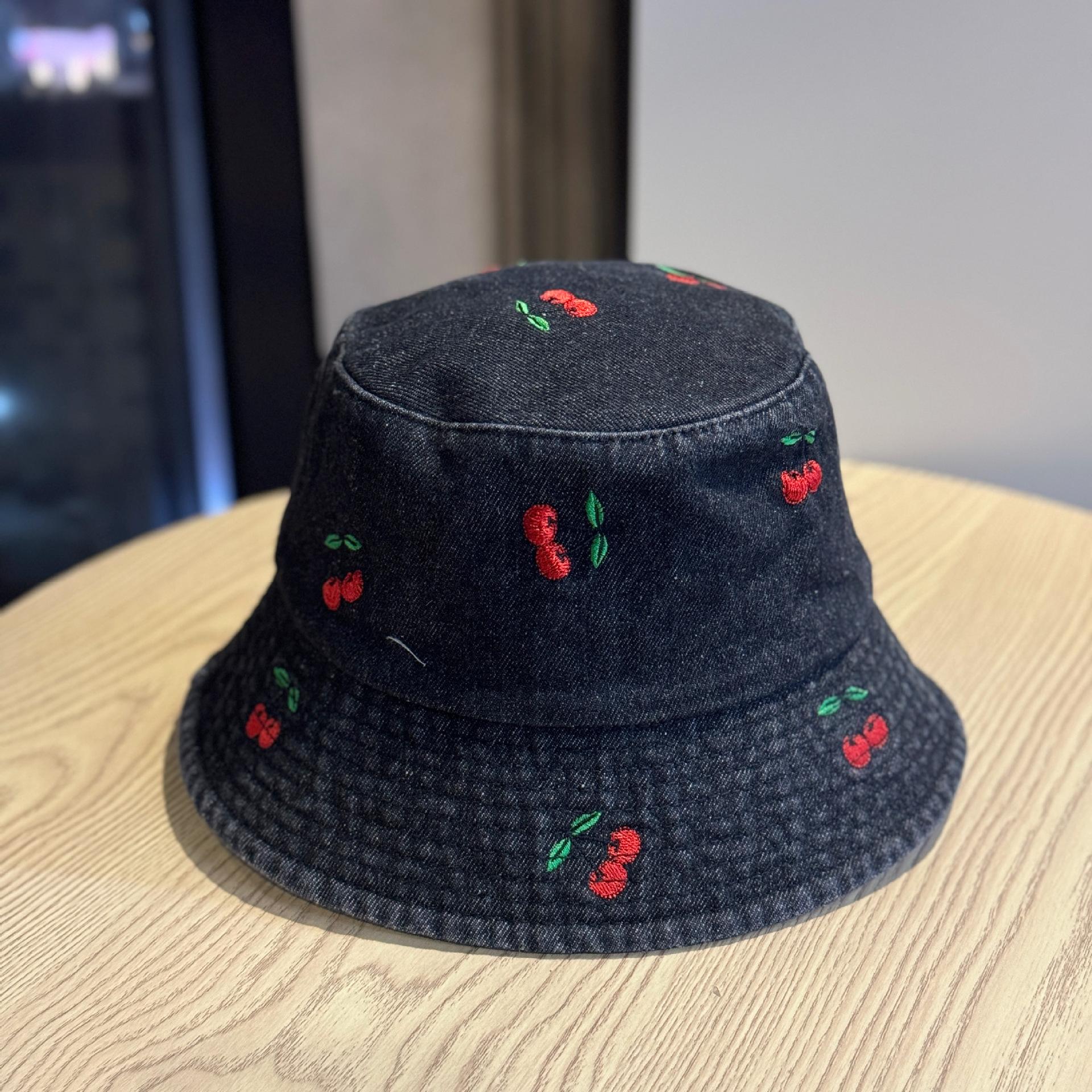 

Spring and summer new style small cherry denim fisherman s hat, a fashionable and cute sunshade hat for women, suitable for outdoor leisure and sun Adult54-60Adjustable чёрный